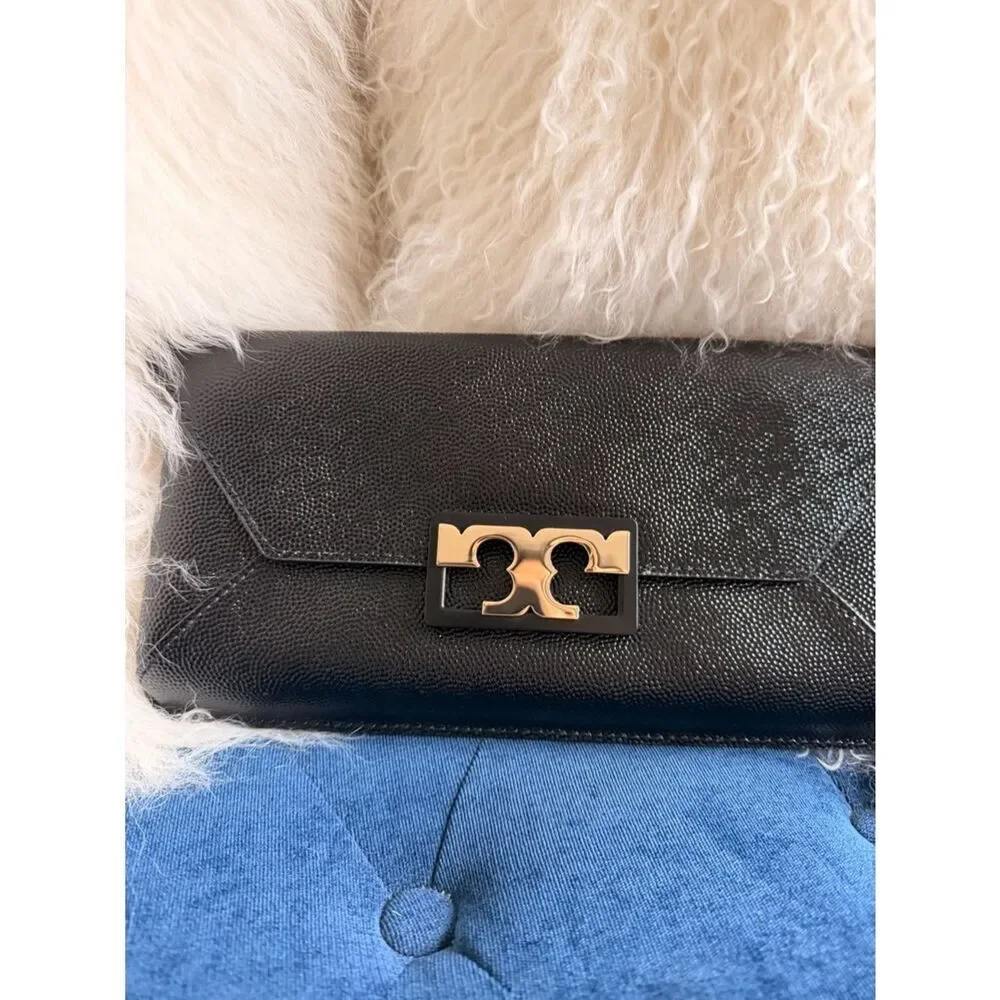 Tory Burch Black Leather Clutch with Gold Logo Turnlock